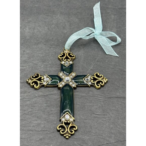 Enameled Metal Cross Ornament Rhinestone Ribbon Antiqued Christmas Holiday Decor - Picture 1 of 5